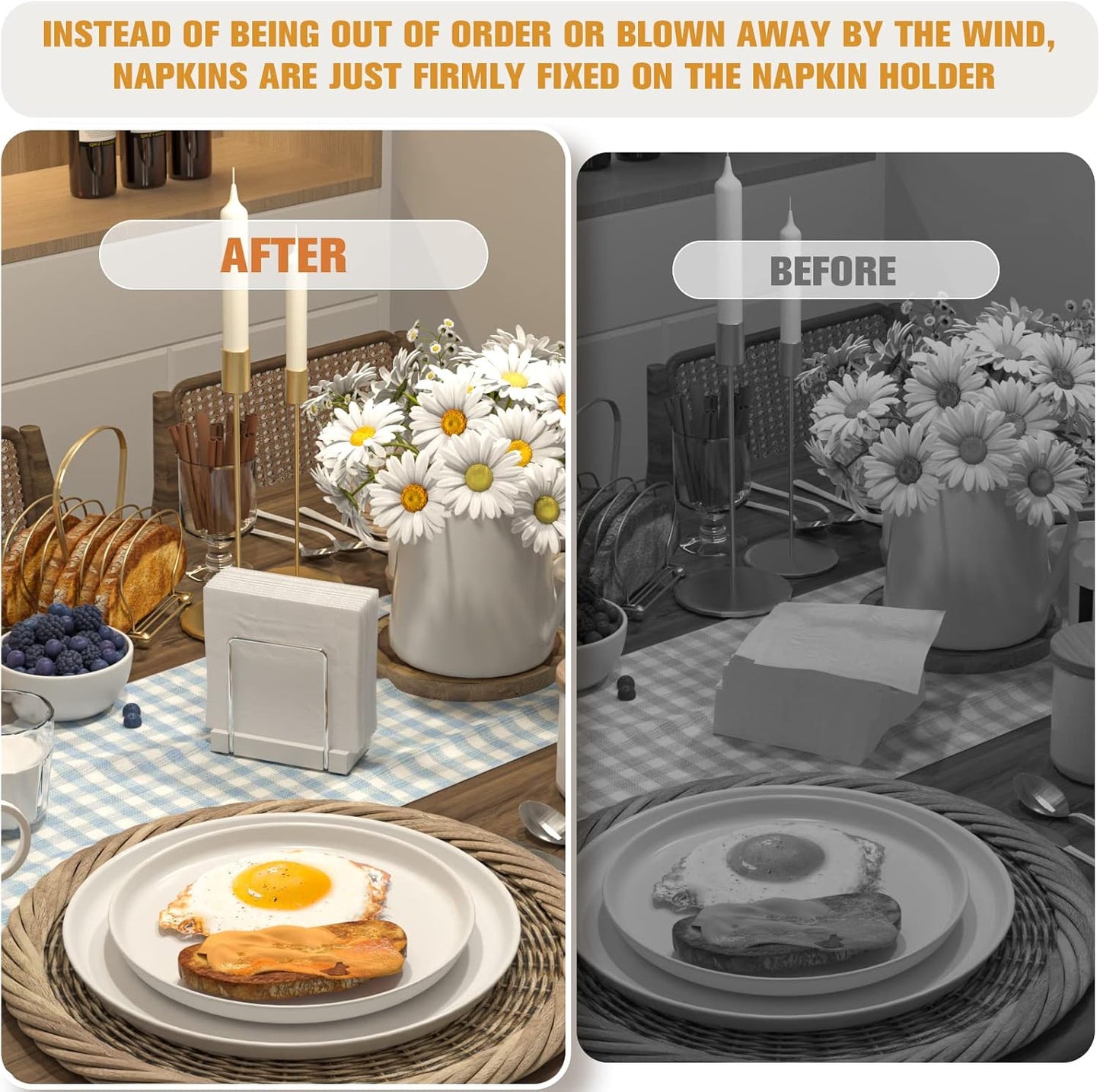 Napkin Holder for Table, Bamboo Iron Standing Napkin Dispenser for Kitchen Dining Table Farmhouse Cocktail Picnic Rustic Wood Holders for Mail Bills Suitable for All Dining Room Decors Silvery & White