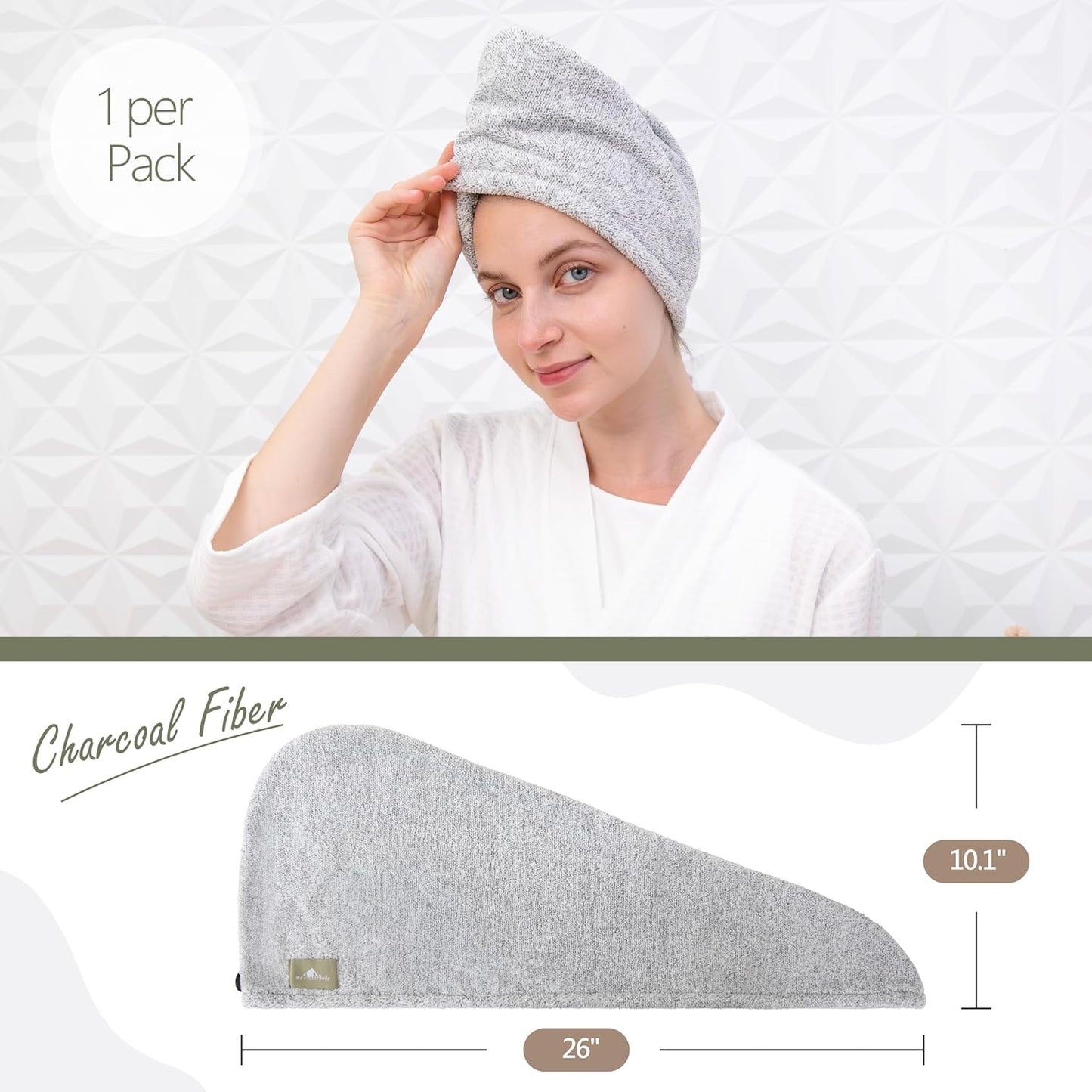 myHomeBody Hair Towel Wrap, Luxury Quick Drying Turban, Ultra Soft Absorbent Charcoal Fiber Cap, with Coconut Shell Button – Gray