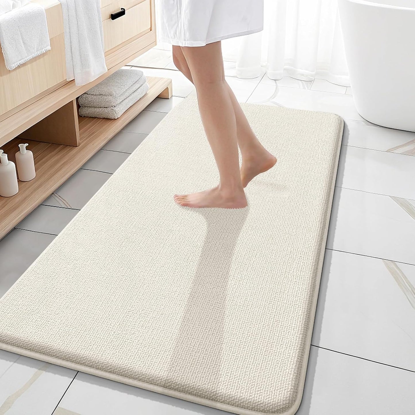 OLANLY Thick Memory Foam Bath Mat Rug 47x20, Extra Soft Absorbent Bathroom Rug, Quick Dry Bath Mats, Non-Slip, Machine Washable Carpet for Bathroom, Tub and Shower, Home Decor Accessories, Ivory