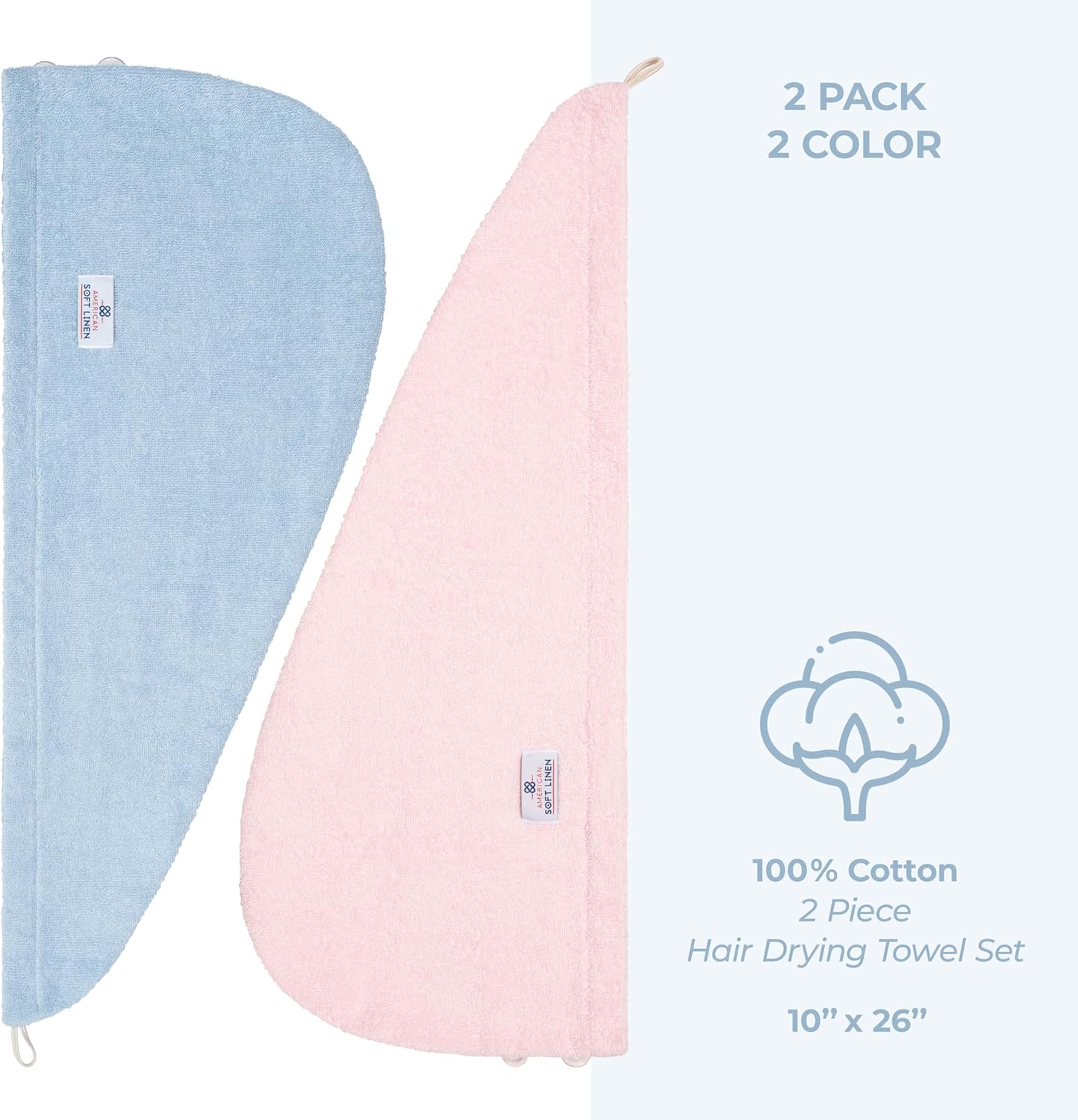 American Soft Linen 100% Cotton Hair Towels for Women, Head Towel Cap, Cotton Hair Turban Towel Wrap for Long Curly Anti Frizz Hair, Soft and Absorbent Cotton Hair Towels 2 Pack, Sky Blue-Pink