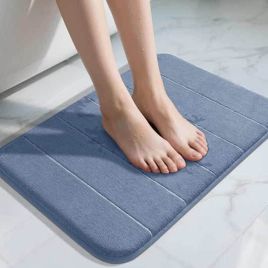 Yimobra Memory Foam Bath Mat, Super Soft Absorbent Bathroom Rug Non Slip 24x17 Inch, Quick Dry, Machine Washable Floor Carpet for Tub Shower, Home Decor Accessories, Denim Blue