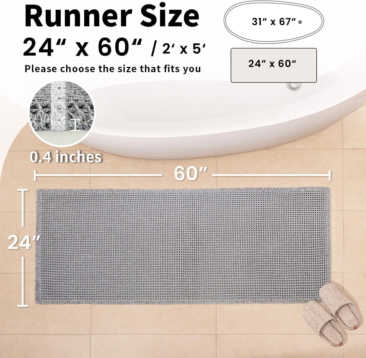 Waffle Runner Bath Mat - Long Boho Bathroom Rugs Non Slip Washable, Super Absorbent & Quick Dry, Soft Bath Mat Farmhouse Bathroom Decor, 24'' x 60'', Light Grey