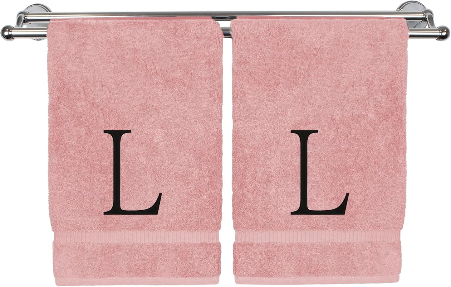 Monogrammed Hand Towel, Personalized Initial Gift, Extra Absorbent 100% Turkish Cotton - Soft Terry Finish - Set of 2 - Black Block Initial L - Embroidered on Pink Towels