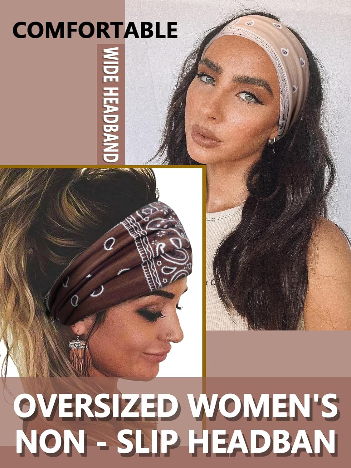 Wide Headbands for Women Knotted No Slip Head Bands Soft Turban Headband Hair Accessories Boho African Solid Color Head Wraps for Women Yoga Workout Pack of 6 (Nature)