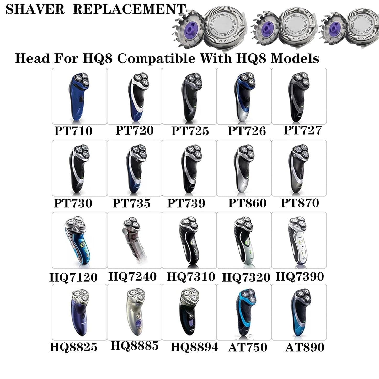 HQ8 Replacement Heads blades for Philipss Norelcos Aquatec Shavers,HQ8 Replacement Razor Blades Compatible with Shavers AT810 AT880 PT720 AT815 HQ8505 Heads 6-Pack