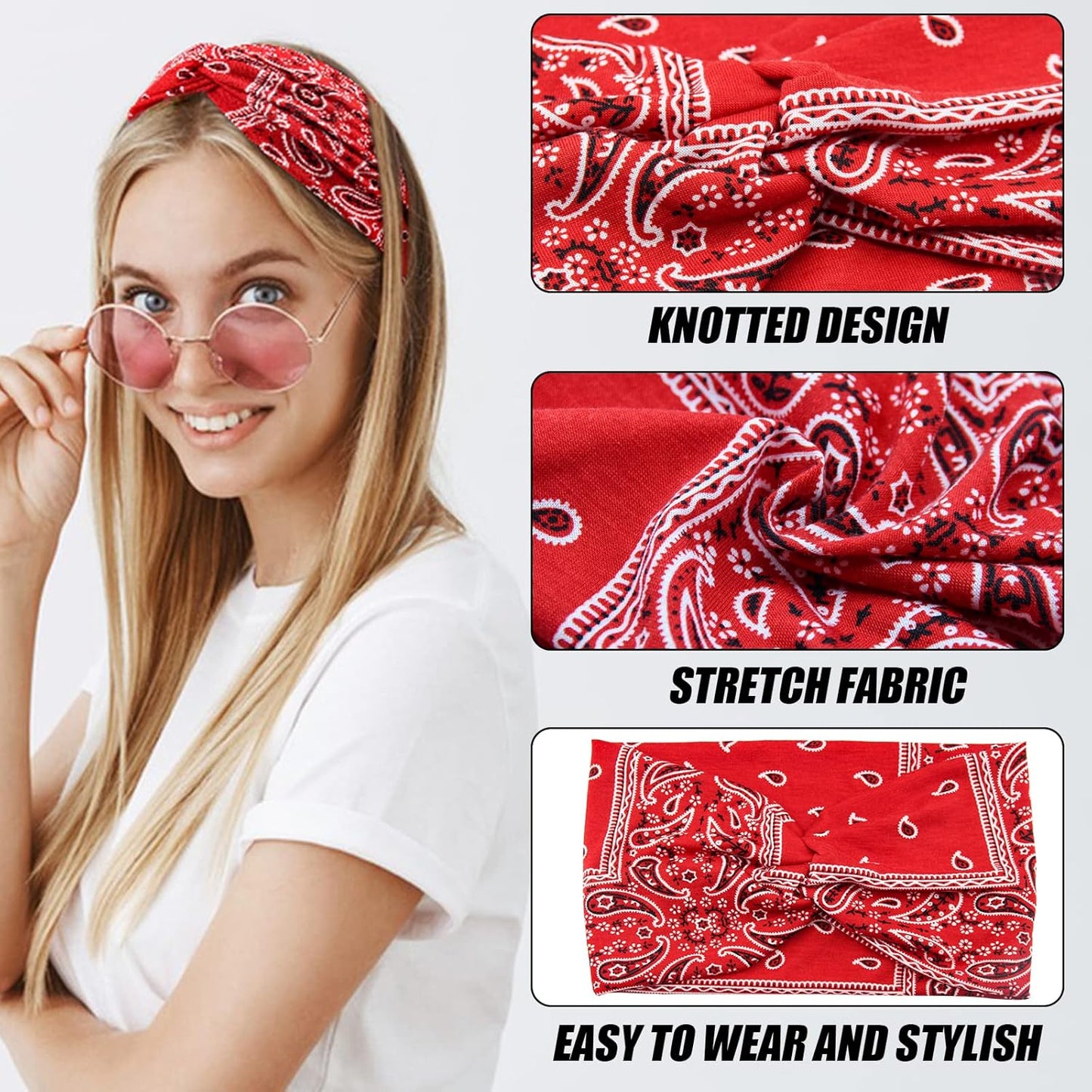 Wide Bandana Head Wraps - Boho Twist Turban Headbands for Women's Hair, Pack of 6