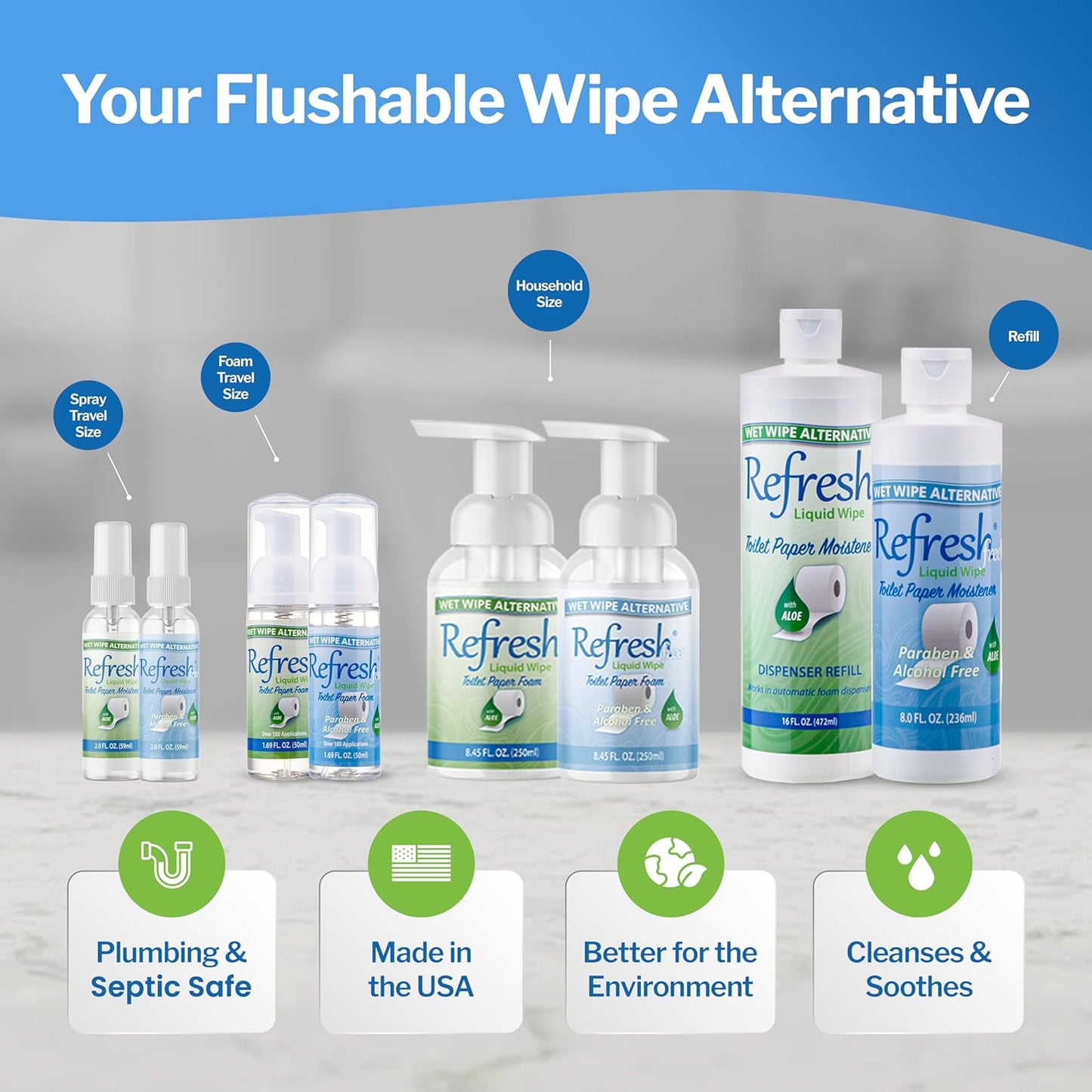 Refresh Liquid Wipe: Toilet Paper Foam. Eco-Friendly Flushable Wet Wipe Alternative. Cleanses and Soothes with Witch Hazel and Aloe. Plumbing & Septic Safe. 50ml (1.69 Fl Oz) – 1 Pack.…