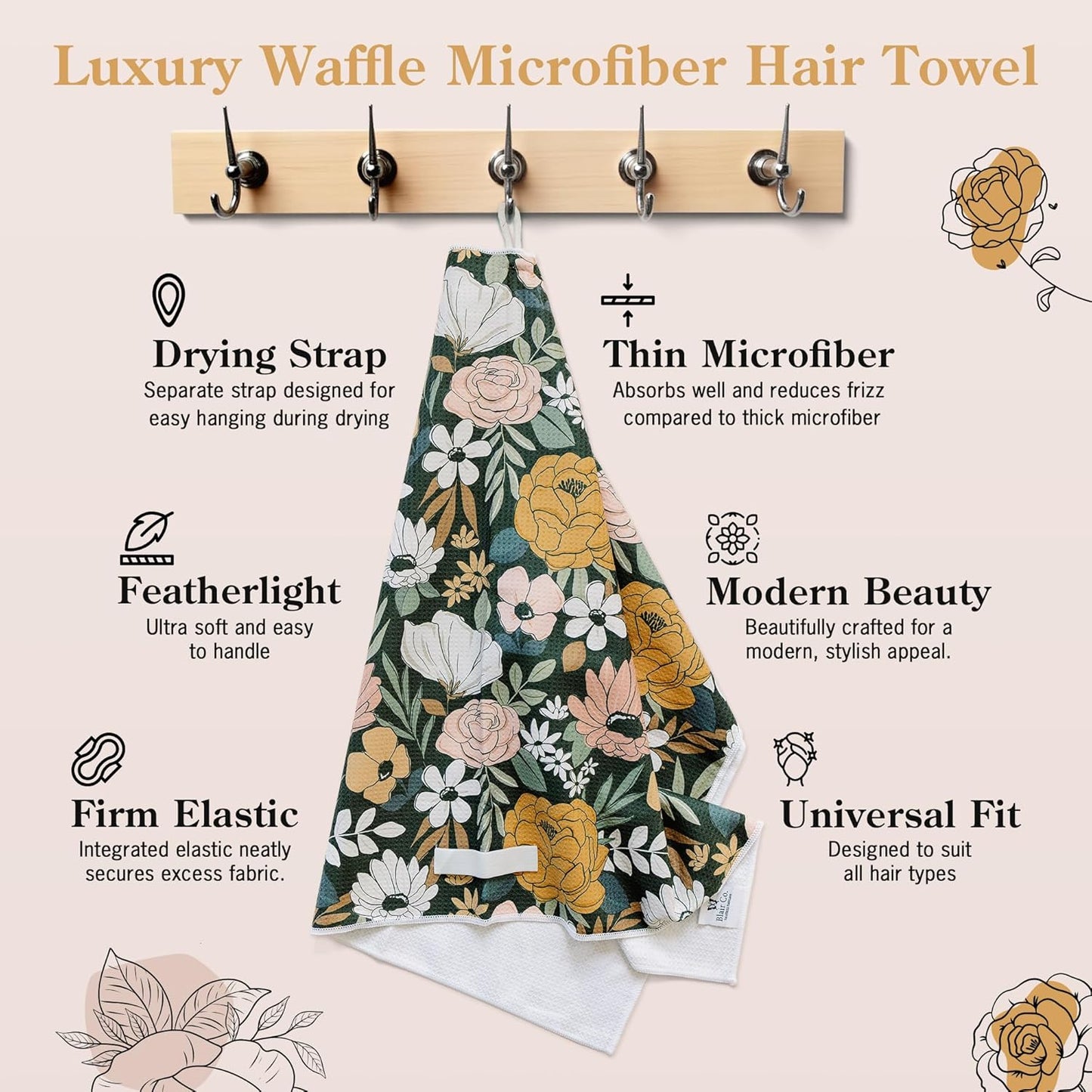 Dark Floral Microfiber Hair Towel Wrap for Women: Quick Dry, Anti-Frizz Hair Drying Towel for Long, Curly, or Wet Hair. Soft Turban Hair Wrap for Shower, Spa & Travel