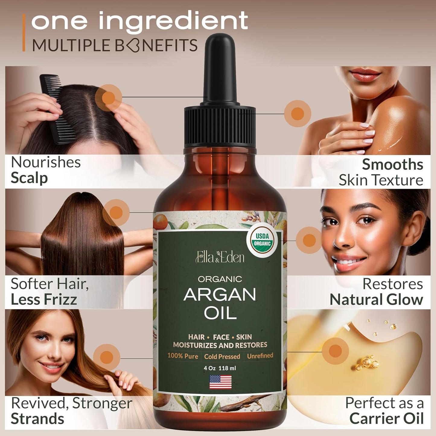 Ella & Eden Organic Argan Oil for Hair, Face & Skin | 100% Pure USDA Certified Cold-Pressed Unrefined | Glass Bottle – 4 Oz