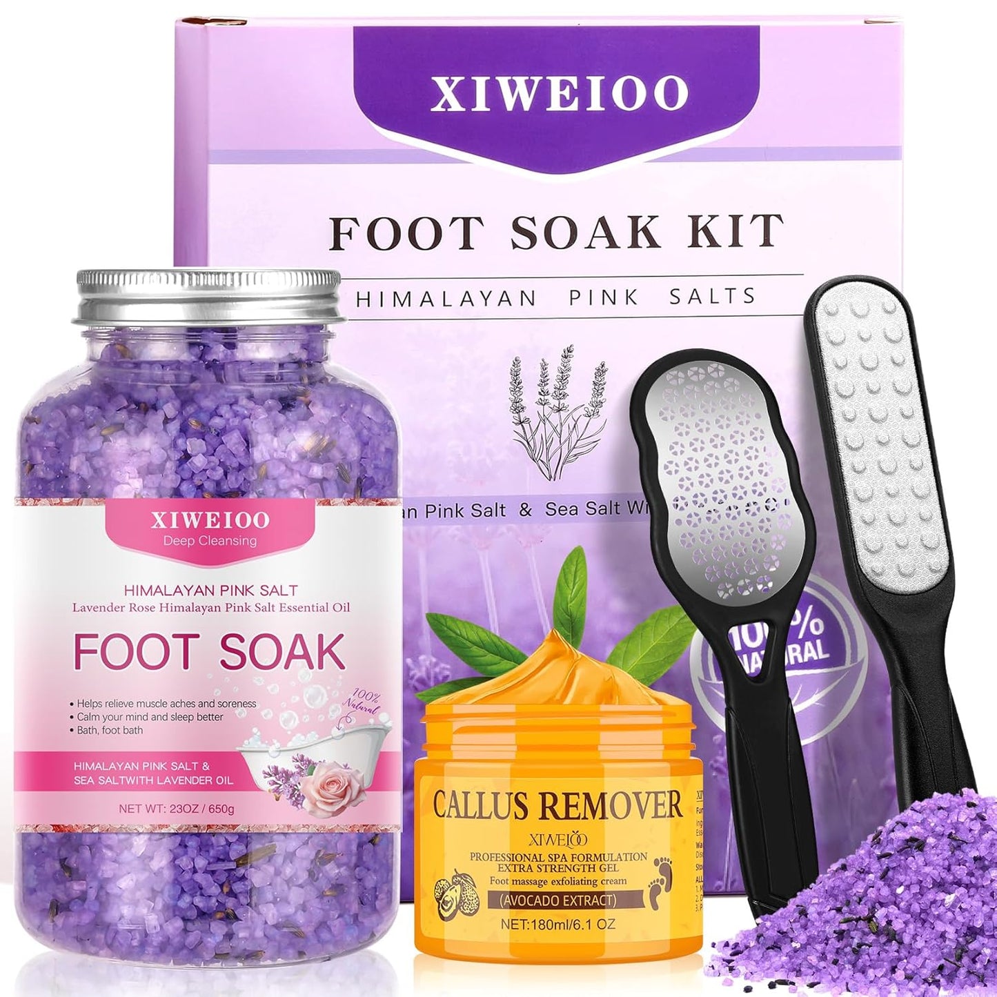 Pack of 4 lavender Himalayan Pink FOOT SOAK SALT Kit Tea Tree OiFoot Callus Remover Gel Kit Foot Files Set Moisturize, Foot Odor cream spa massager Epsom Salt pedicure at home spa