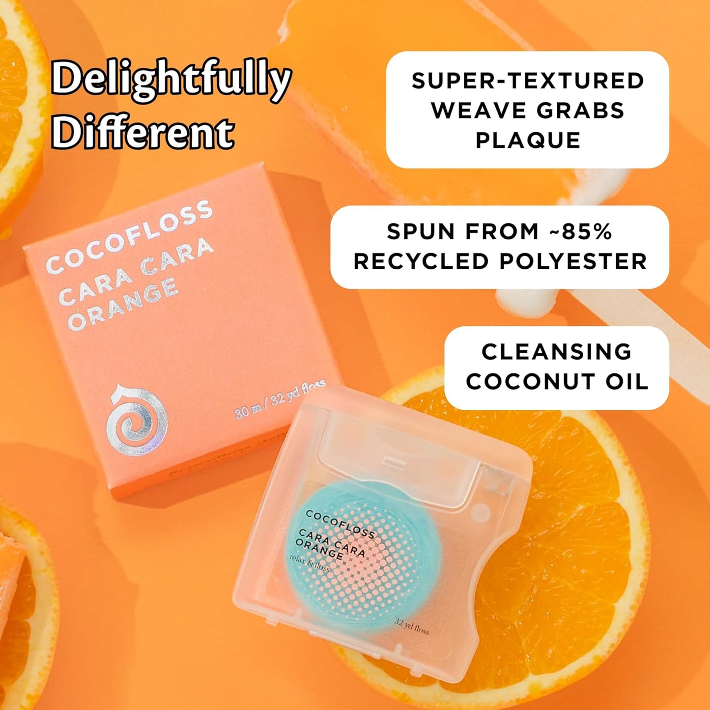 Cocofloss Woven Dental Floss, Dentist-Designed Oral Care, Orange Scent, Waxed, Expanding, Kid-Friendly String Floss with Coconut Oil, 3 Spools (33 yd Each)