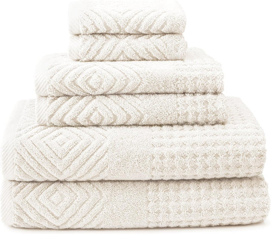 Texere 100% Organic Cotton Diamond Jacquard Luxury Bath Towel Sets - Soft and Absorbent Hotel and Spa Quality - 2 Large Bath Towels, 2 Hand Towels, 2 Washcloths (Diamond, Cream, 6 Piece)