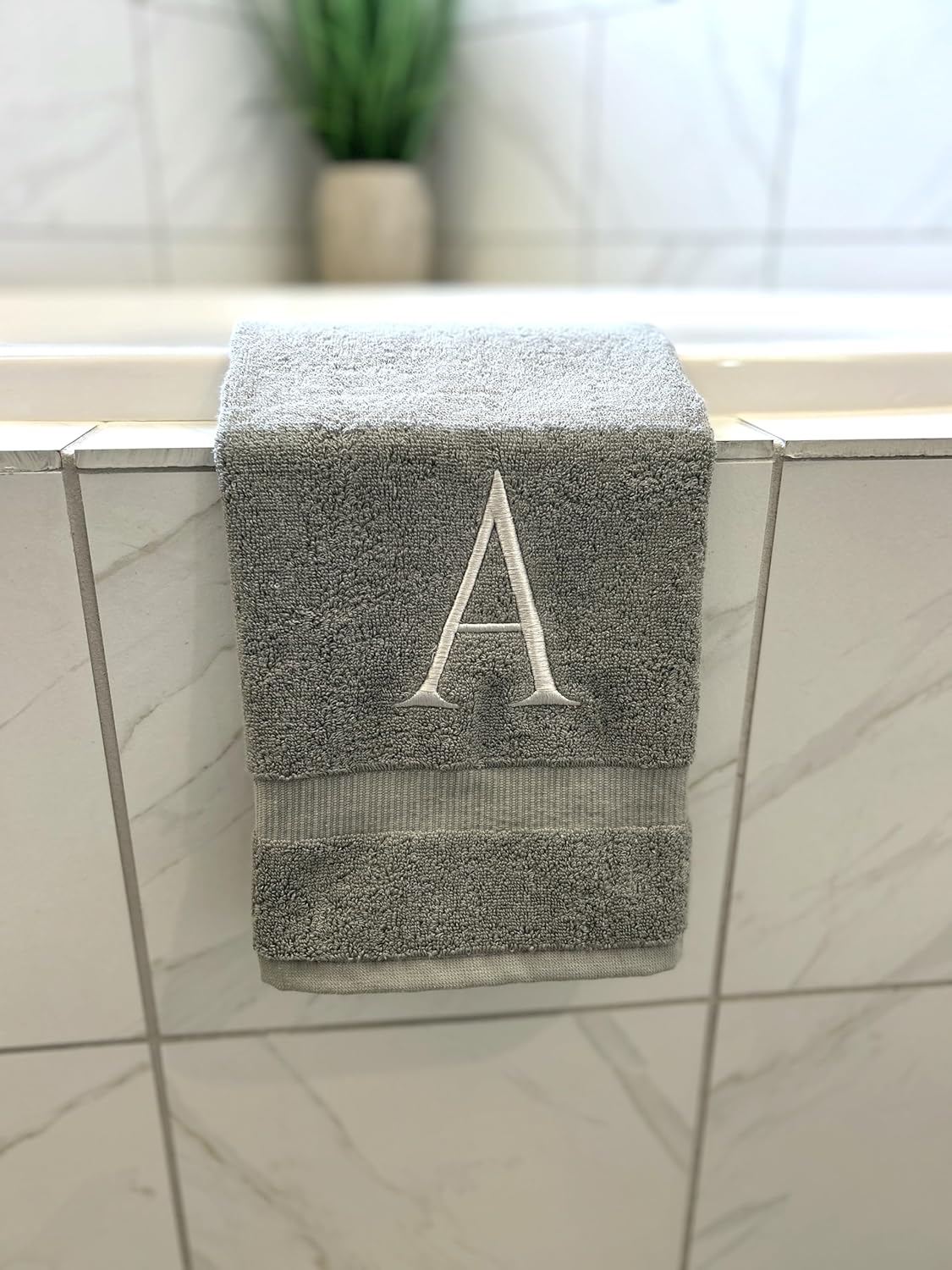 Gray Initial Hand Towel for Bathroom - Monogrammed Luxury Hotel Quality Decorative Embroidered Towel for Powder Room, Spa - GOTS Organic Certified - Set of 2 Silver Letter S