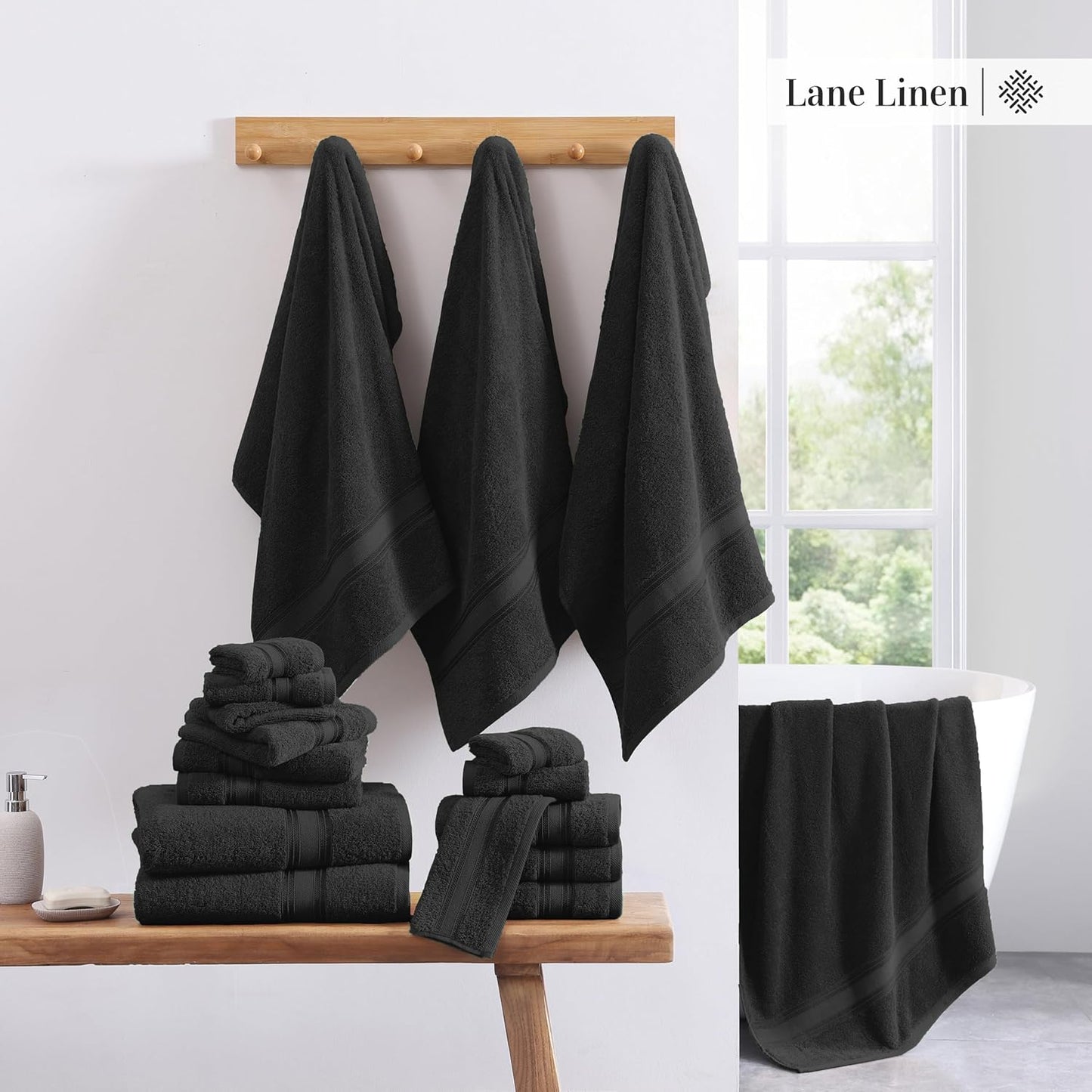 Lane Linen Luxury Bath Towels Set - 6 Piece Set, 100% Cotton Bathroom Towels, Zero Twist, Quick Dry Shower Towels, Absorbent Bath Towel, Super Soft, 2 Bath Towels, 2 Hand Towels, 2 Wash Cloths - Black