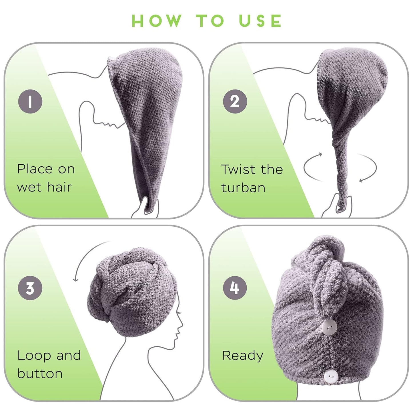 2 Pack Microfiber Hair Towel Wrap for Women, Anti Frizz Quick Drying Hair Turban for All Hair Style, Absorbent and Lightweight (Grey)