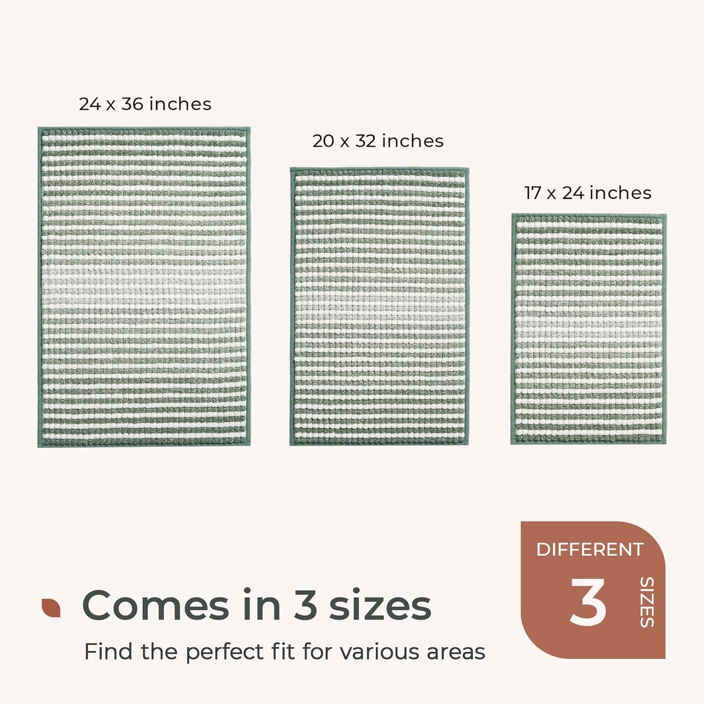 FRESHMINT Chunky Ombre Chenille Bathroom Rug 24"x36", Large Water Absorbent Soft Bath Rugs for Bathroom Floor, Thick Non Slip Bath Mat Washable Quick Dry Shower Mats, Sage Green and White