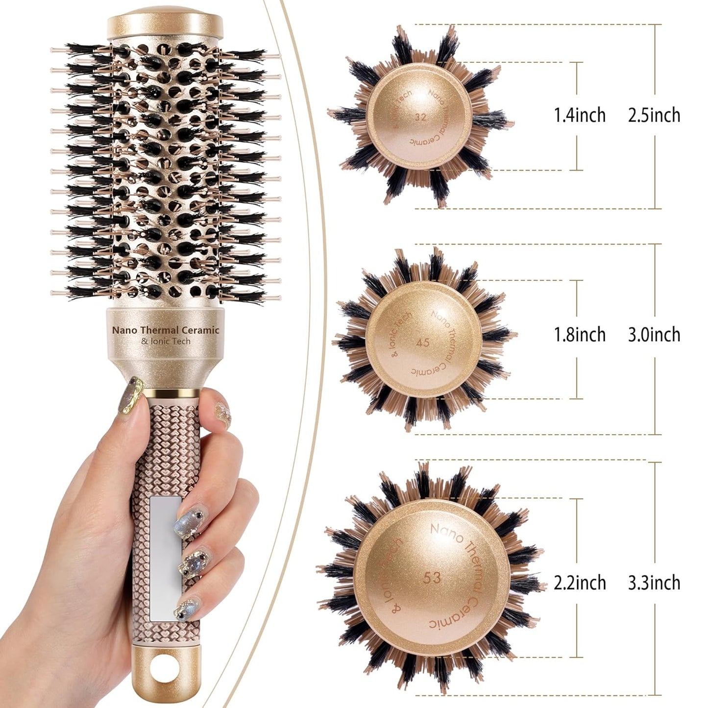 Round Hair Brush for Blow Out, Nano Thermal Ceramic & Ionic Tech, 1.3 inch Barrel, Boar Bristles, Roller Brush for Blow Drying and Styling, Gold