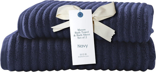 Blue Loom Ribbed Bath Sheet & Towel, 100% Cotton 600 GSM, Soft Absorbent Durable Quick Drying Bath Sheet & Bath Towel Set for Bathroom - Mason Set of 2 Navy (65" x 45" & 58" x 30")