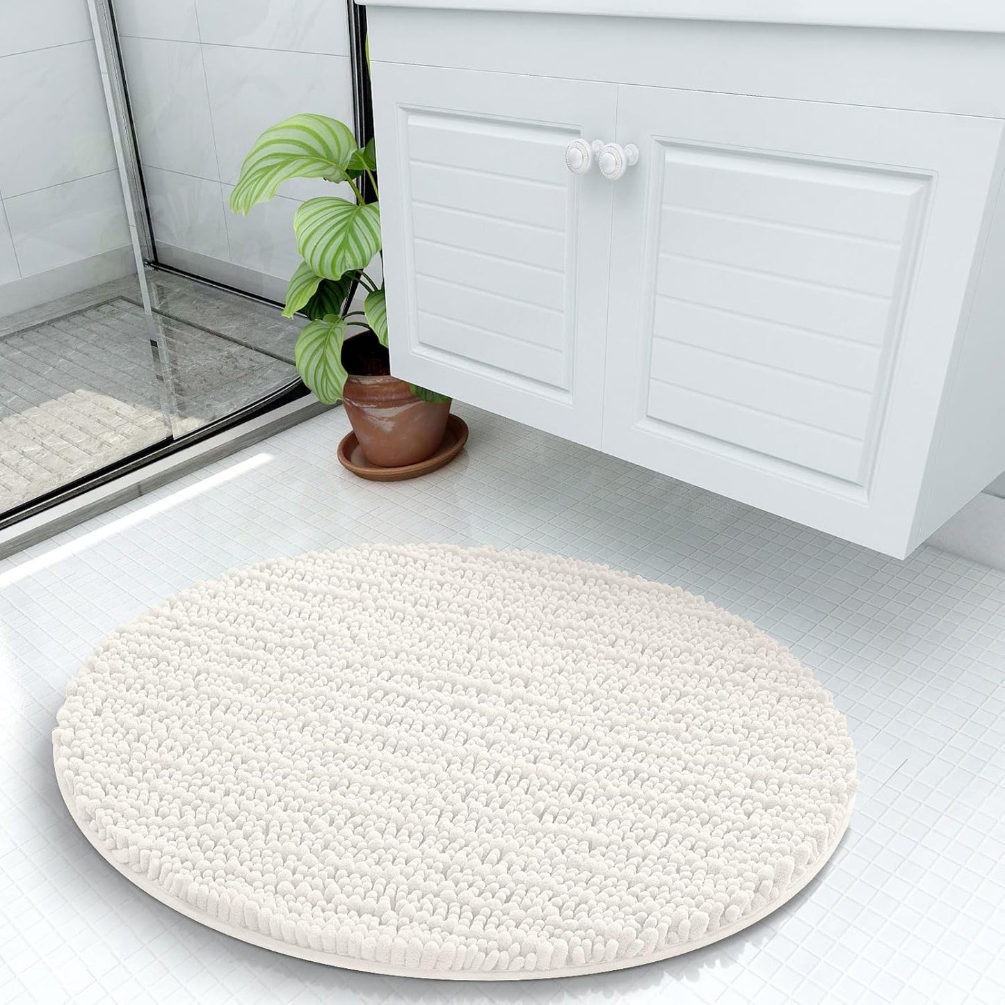 Arotive Luxury Round Chenille Bathroom Rug Mat, Extra Soft Thick Absorbent Shaggy Bath Rugs, Non-Slip Machine Wash Dry Plush Bath Mats for Bathroom, Shower and Tub, 24x24, Ivory