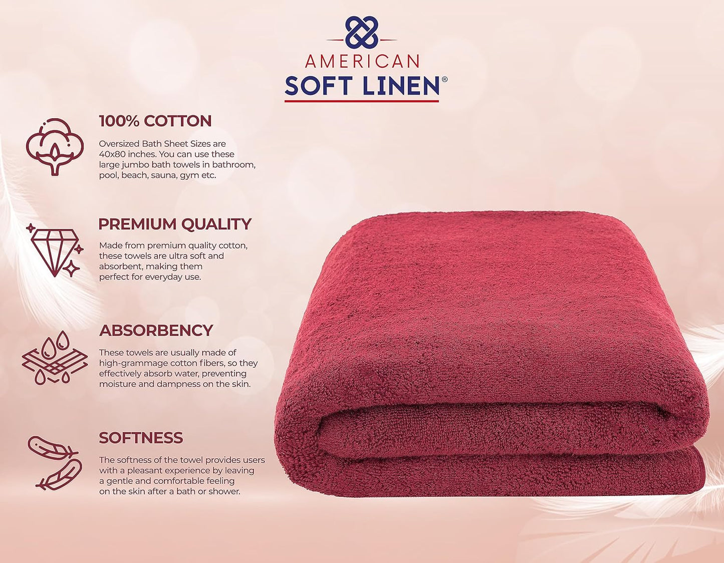 American Soft Linen Oversized Bath Sheet 40x80 Extra Large for Bathroom, 600 GSM 100% Cotton Turkish Jumbo Bathsheet Towels for Adults Bordeaux Red Bath Sheet