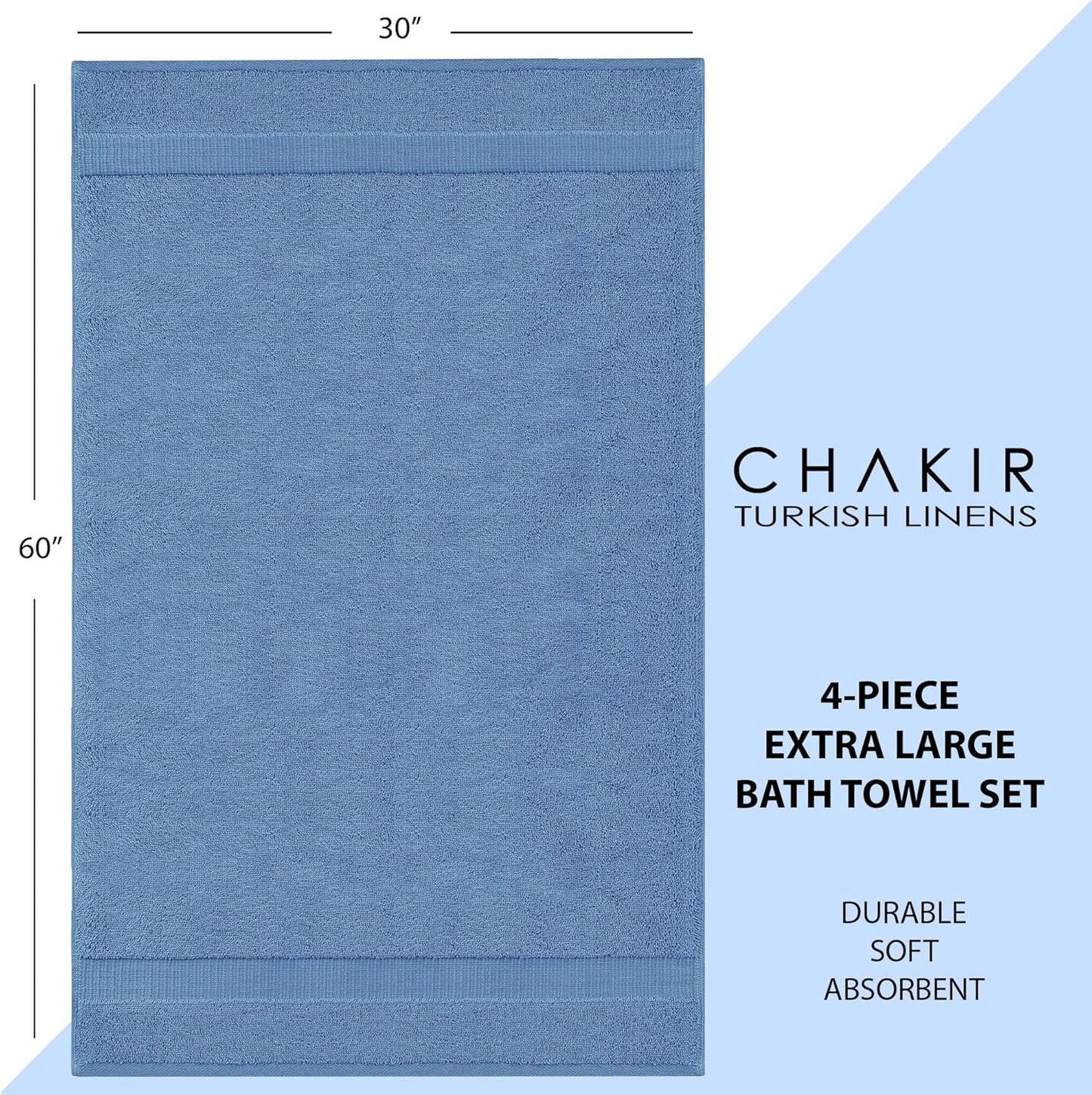 Chakir Turkish Linens | Hotel & Spa Quality 100% Cotton Luxury Turkish Towels | Soft & Absorbent (30x60 Inches Extra Large Bath Towels, Set of 4 - Wedgewood)