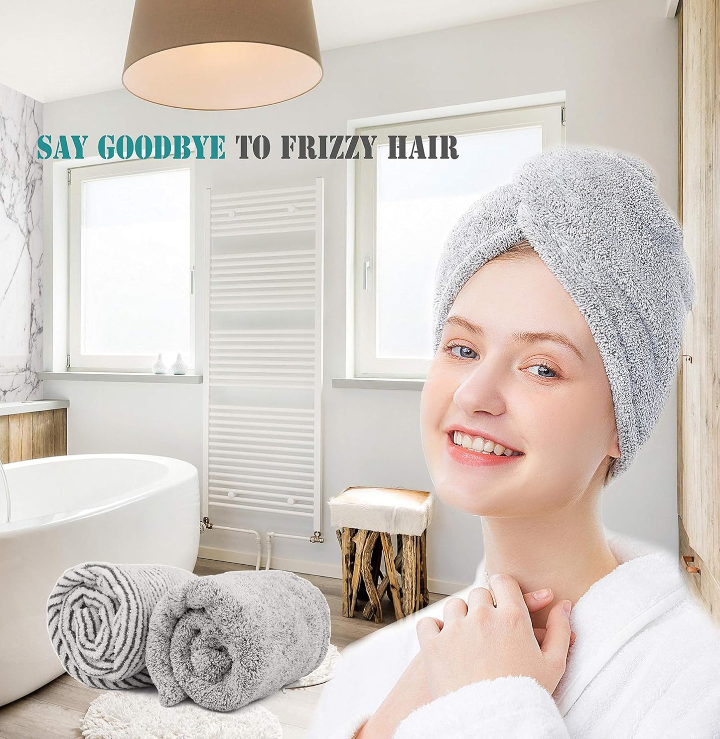 ELLEWIN 2 Pack Drying Hair Towel Wrap, Rayon Polyester Microfiber, Hair Turban Buttons Super Absorbent Quick Dry Rapid Head Hair Towels for Women Curly Long Thick Hair Anti Frizz