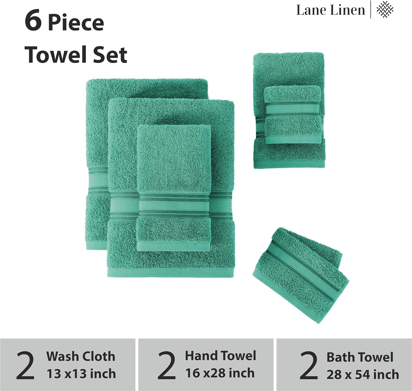 LANE LINEN Luxury Bath Towels Set - 6 Piece, 100% Cotton, Zero Twist, Quick Dry, Absorbent, Super Soft 2 Bath Towels, 2 Hand Towels, 2 Wash Cloths: Teal