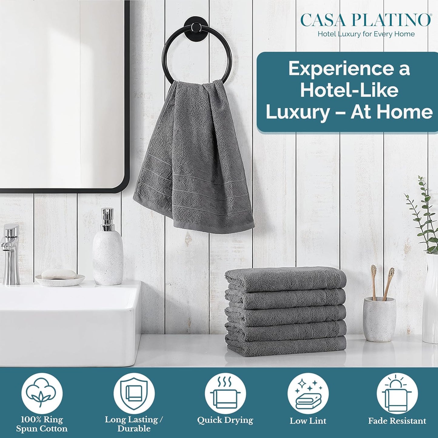 Casa Platino 100% Mercerized Cotton Hand Towels for Bathroom (16"x28") - Spa & Hotel Quality - Ring Spun - Quick Dry, Soft & Absorbent Bath Hand Towel Set of 6 - Pet Friendly, Pre Shrunk - Cool Grey