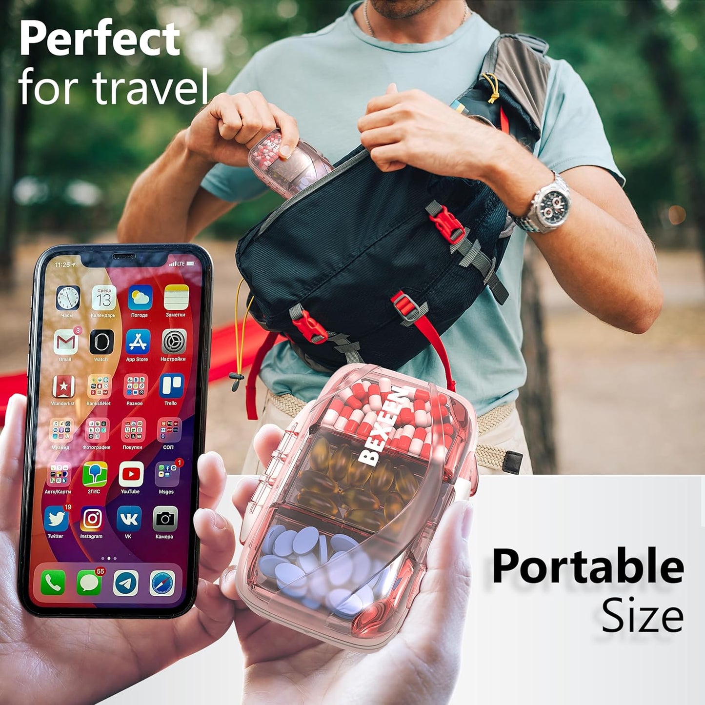 Travel Pill Organizer - Moisture Proof Portable Vitamin Holder with 7 Compartments, Compact Supplement Case for Purse Essential Medicine Kit fot Traveling Pocket Pharmacy with Labels, Pink