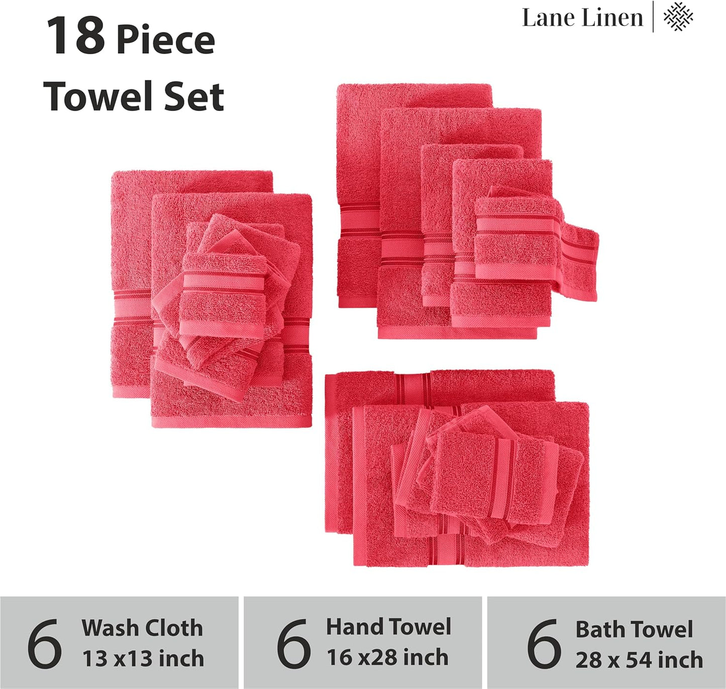 LANE LINEN 100% Mercerized Cotton Luxury Bathroom Towel Set - 18 Pcs - Super Soft, Fluffy & Highly Absorbent - 6 Bath Towels, 6 Washcloths, 6 Hand Towels - Pre Shrunk, Pet Friendly - Honeysuckle
