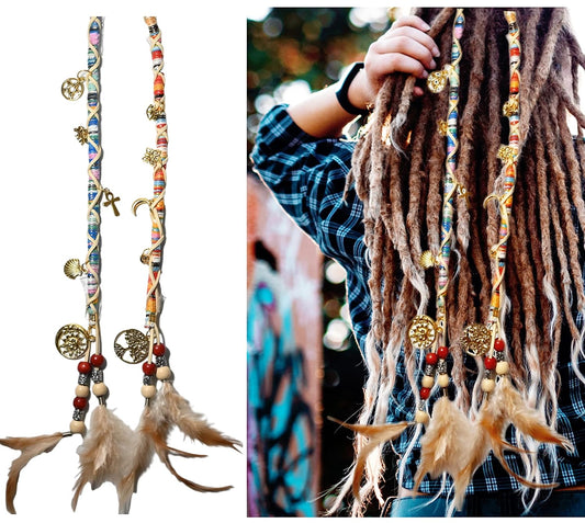 2 PCS Hippie Hair Extension Dreadlocks Hairclip Feather Beads Pendant Colorful Dread Accessory for Braids and Curls