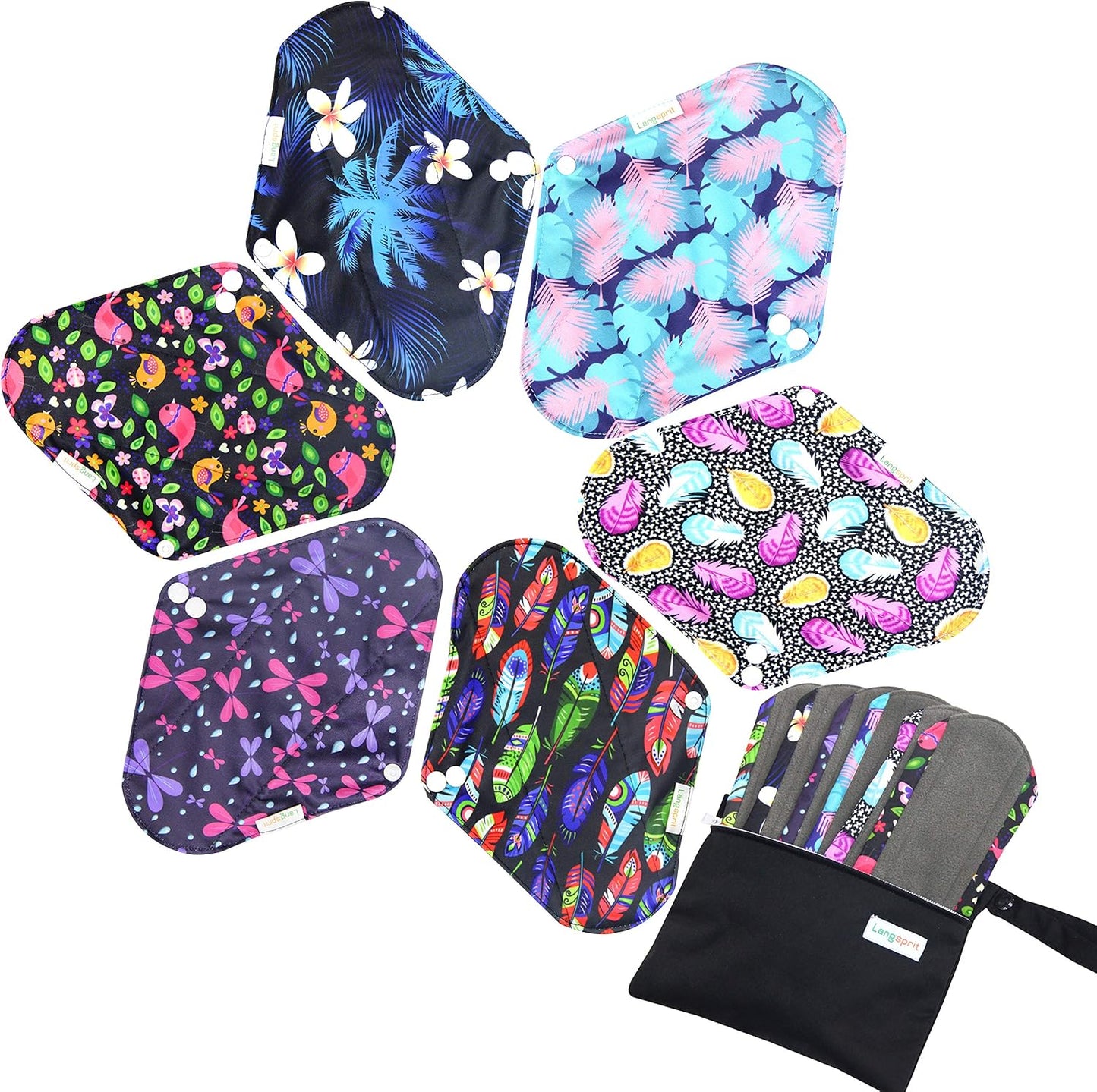 7pcs Set 1 pc Mini Wet Bag +6pcs Absorbent Reusable Sanitary Pads/Washable Cloth Menstrual Pads (M,Feather)…