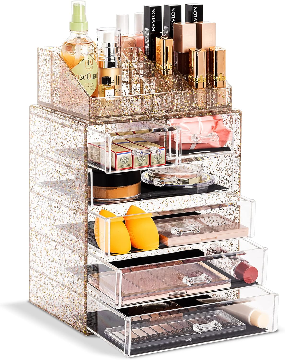 Sorbus Clear Cosmetic Makeup Organizer - Make Up & Jewelry Storage, Case & Display - Spacious Design - Great Holder for Dresser, Bathroom, Vanity & Countertop (4 Large, 2 Small Drawers) [Glitter]