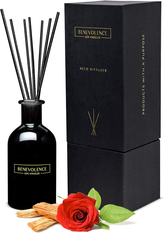 Benevolence LA Reed Diffusers for Home, Rose & Sandalwood Relaxing Fragrance | Aromatherapy Reed Diffuser Sticks with Gift Box, Scented Sticks for Bathroom | Home Décor