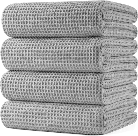 POLYTE Microfiber Oversize Quick Dry Lint Free Bath Towel, 60 x 30 in, 4 Pack (Waffle Weave)