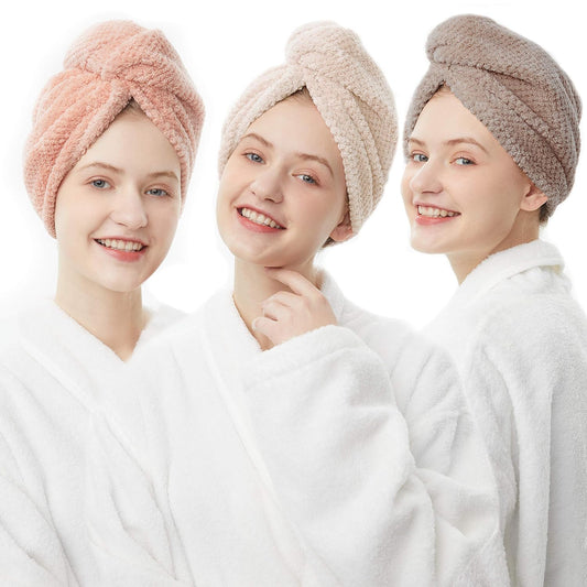 ELLEWIN Hair Towel Wrap 3 Pack, Microfiber Hair Drying Shower Turban with Buttons, Super Absorbent Quick Dry Hair Towels for Curly Long Thick Hair, Rapid Dry Head Towel Wrap for Women Anti Frizz