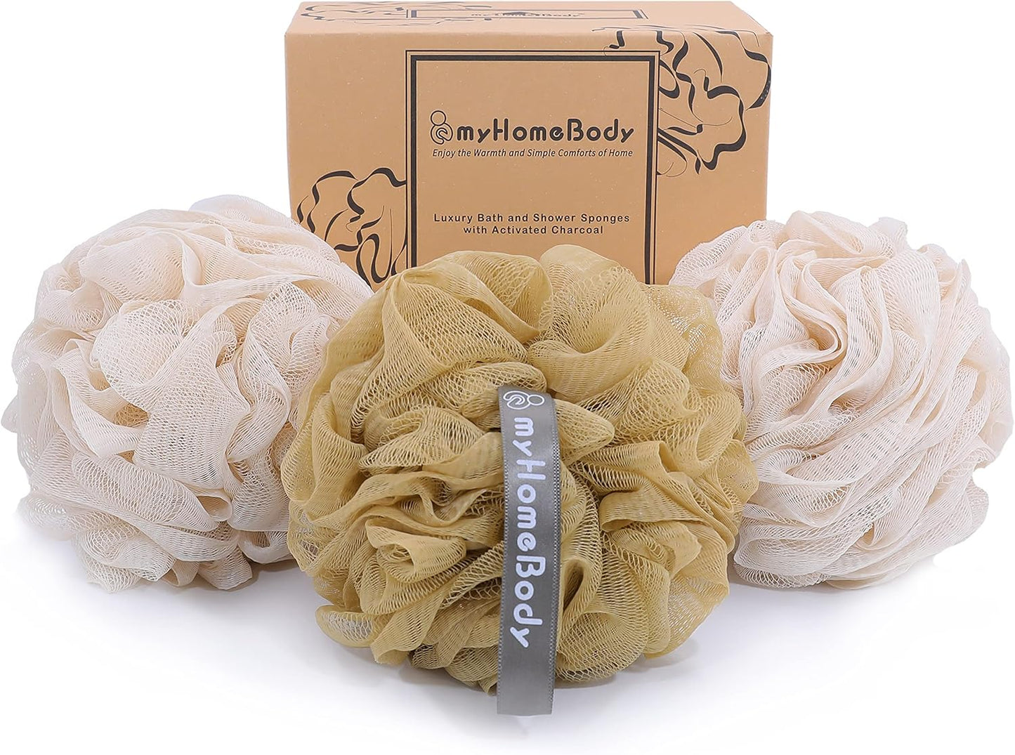 myHomeBody Large 70g Loofah Sponge, Body Scrubber, Bath Sponge, Loofah for Women, Men, Exfoliating Sponge Shower Pouf with Activated Charcoal - 2 Oat Milk + 1 Caramel, 3 Pack