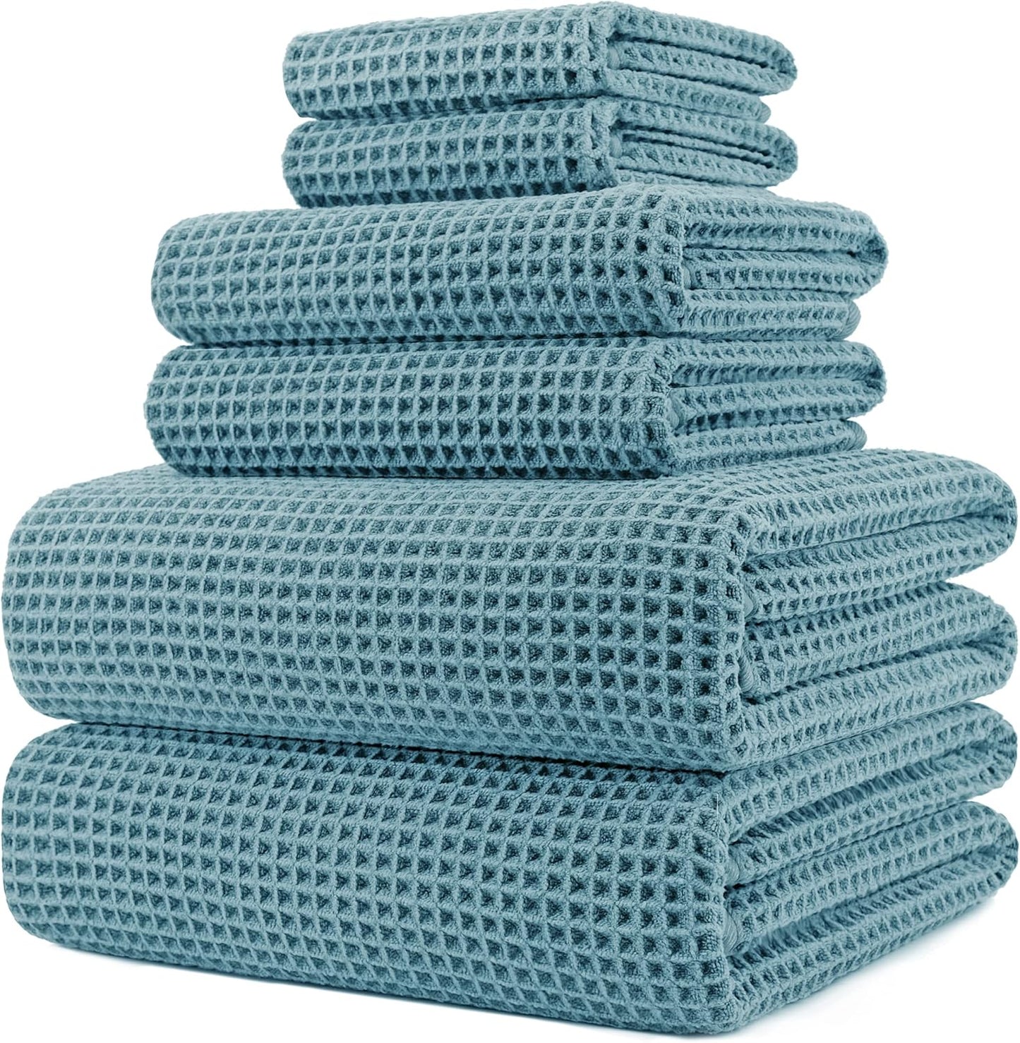 POLYTE Oversize, 60 x 30 in., Quick Dry Lint Free Microfiber Bath Towel Set, 6 Piece (Waffle Weave)