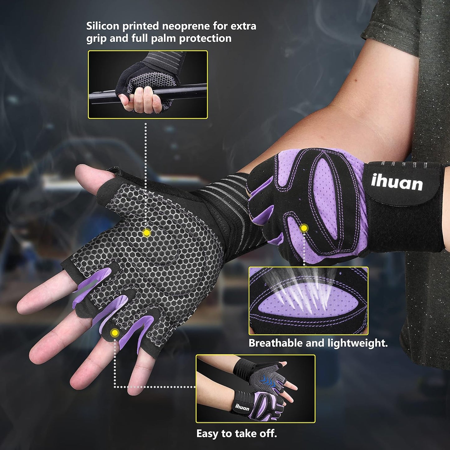 ihuan Ventilated Weight Lifting Gym Workout Gloves with Wrist Wrap Support for Men & Women, Full Palm Protection, for Weightlifting, Training, Fitness, Hanging, Pull ups