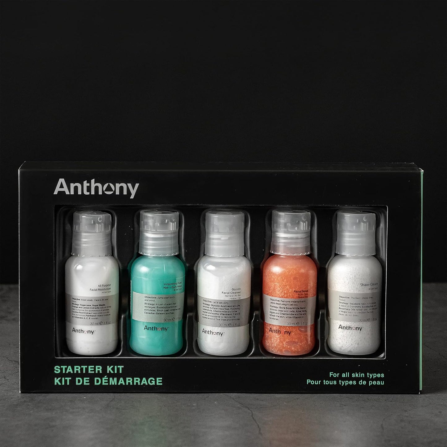 Anthony Starter Kit, 5 Count, Glycolic Facial Cleanser, Facial Scrub, All Purpose Facial Moisturizer, Invigorating Rush Hair & Body Wash, Shave Cream
