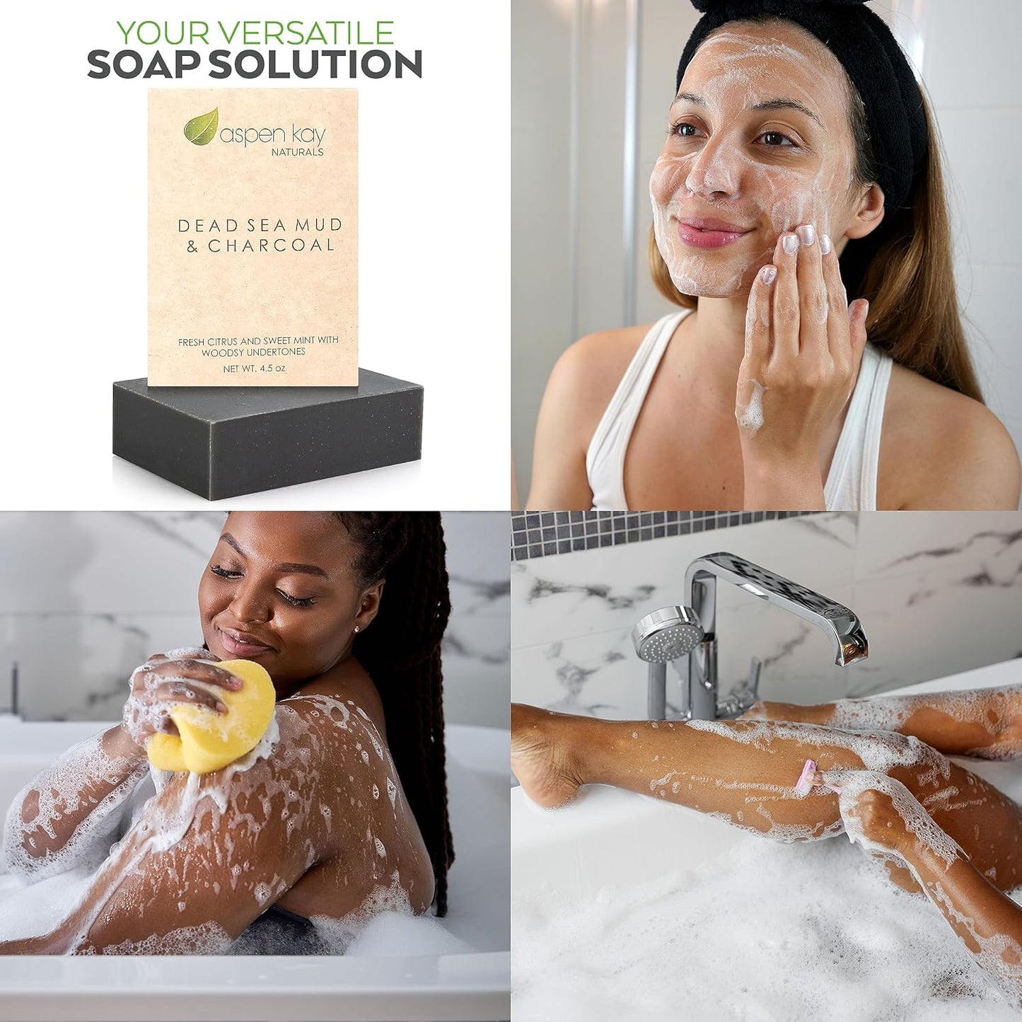 Aspen Kay Naturals Dead Sea Mud and Charcoal Soap Bar. With Organic Shea Butter & Pure Essential Oils. Charcoal Face Wash for Men, Women & Teens. (2 pack)