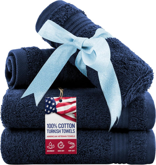American Veteran Towel, 100% Cotton Turkish Washcloths for Bathroom Essentials 4 Pack, Soft Absorbent Wash Cloths Quick Drying Small Towels Washrags, Navy Blue