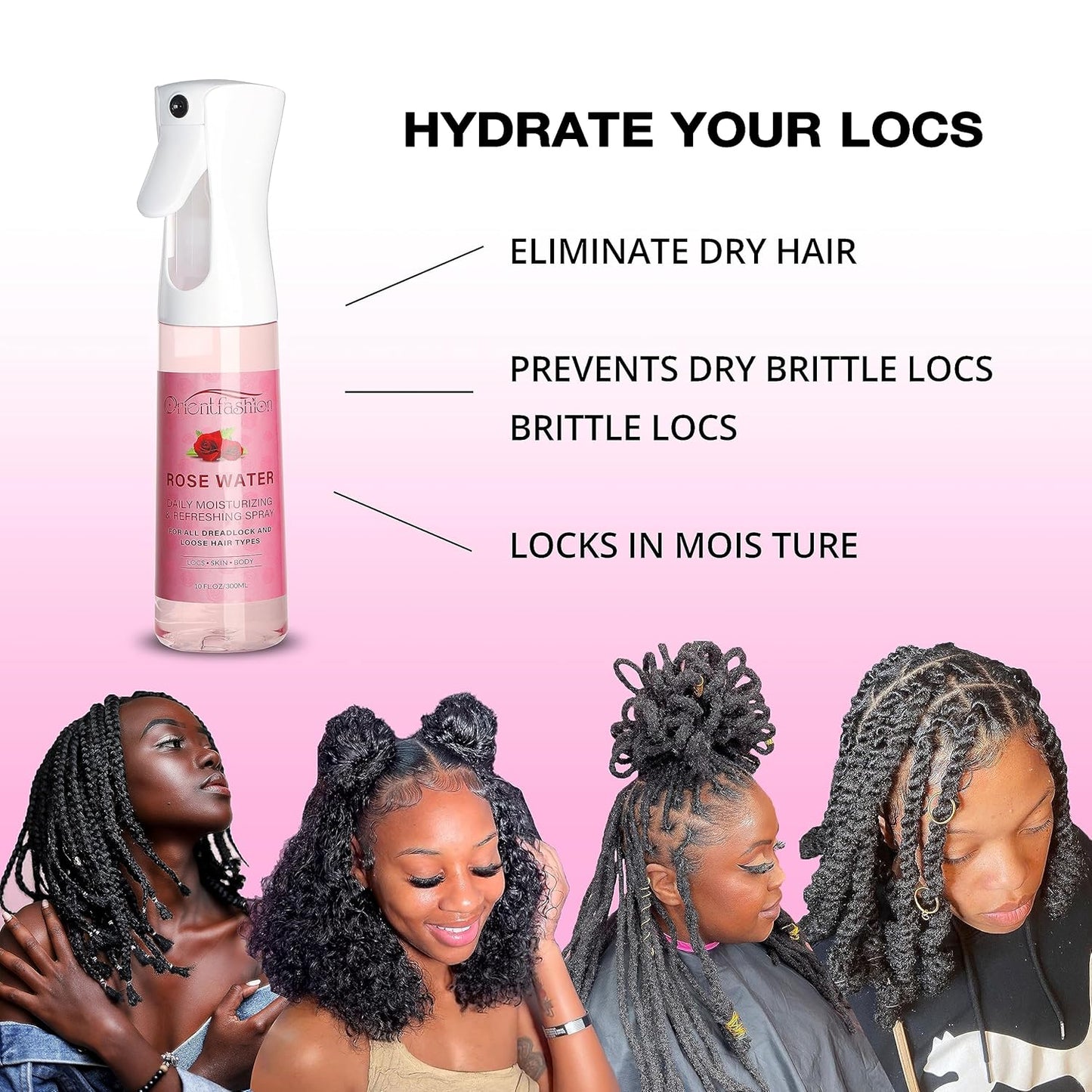 Orientfashion Moisturizing Refreshing Spray for Locs- Rose Water Hair Scalp Moisturizer, Castor Oil- Natural Loc Care and Maintenance (Rose, 10 Fl oz)