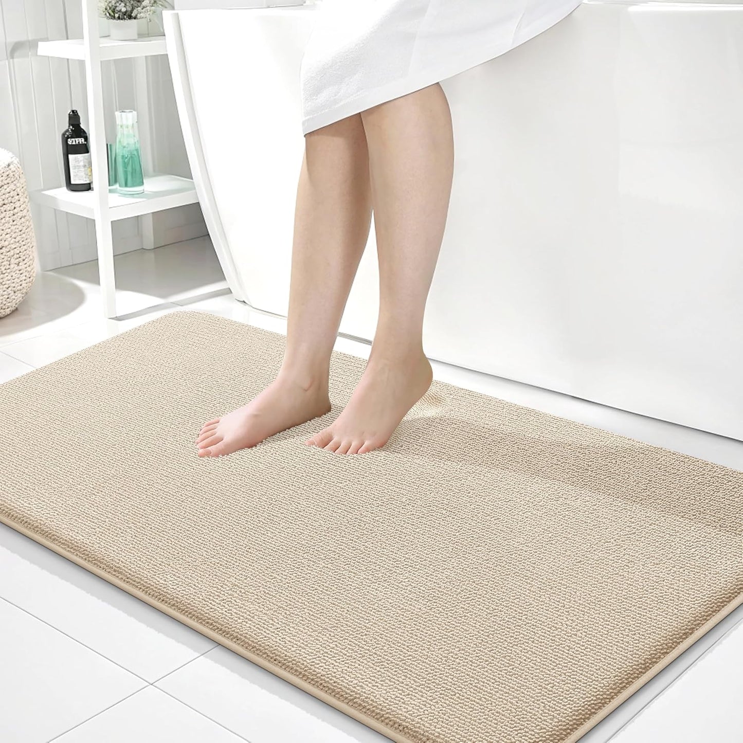 OLANLY Thick Memory Foam Bath Mat Rug 44x24, Extra Soft Absorbent Bathroom Rug, Quick Dry Bath Mats, Non-Slip, Machine Washable Carpet for Bathroom, Tub and Shower, Home Decor Accessories, Beige