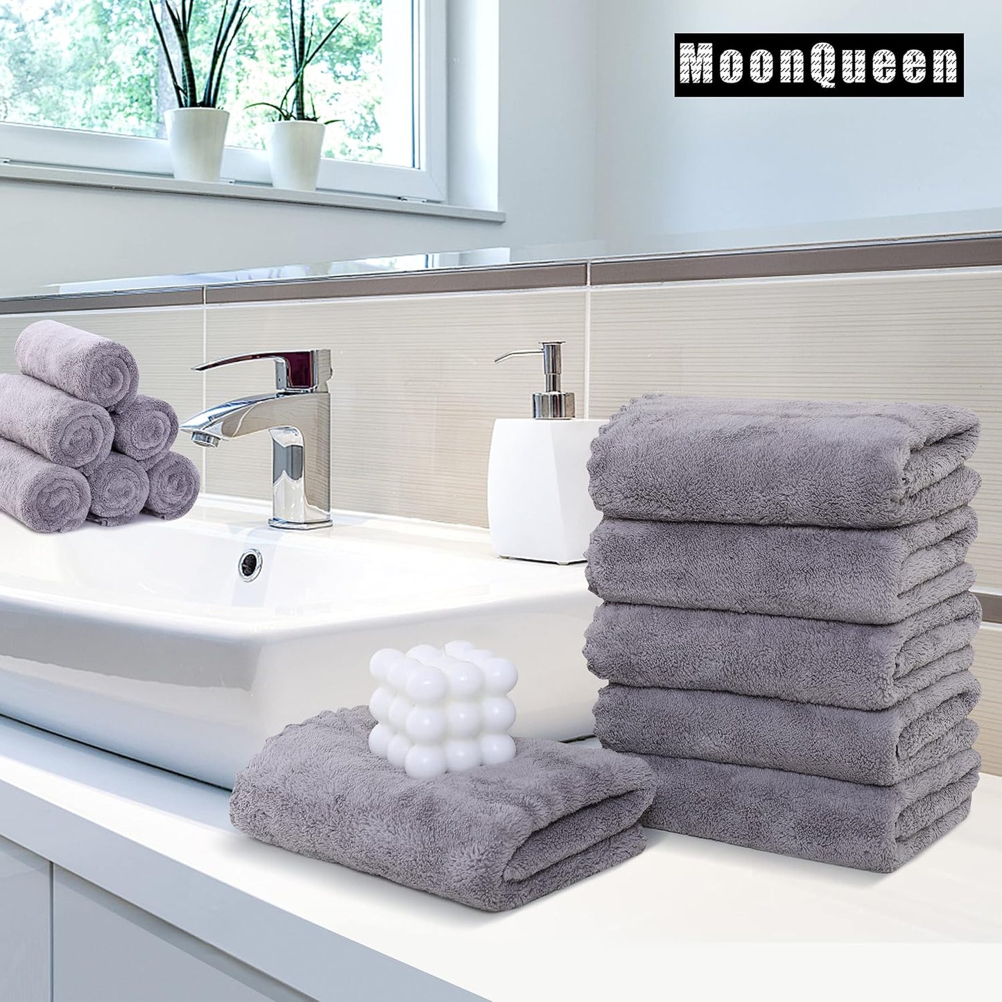 MOONQUEEN 6 Pack Premium Hand Towels - Quick Drying - Microfiber Coral Velvet Highly Absorbent Towels - Multipurpose Use as Hotel, Bathroom, Shower, Spa, Hand Towel 16 x 28 inches (Light Grey)