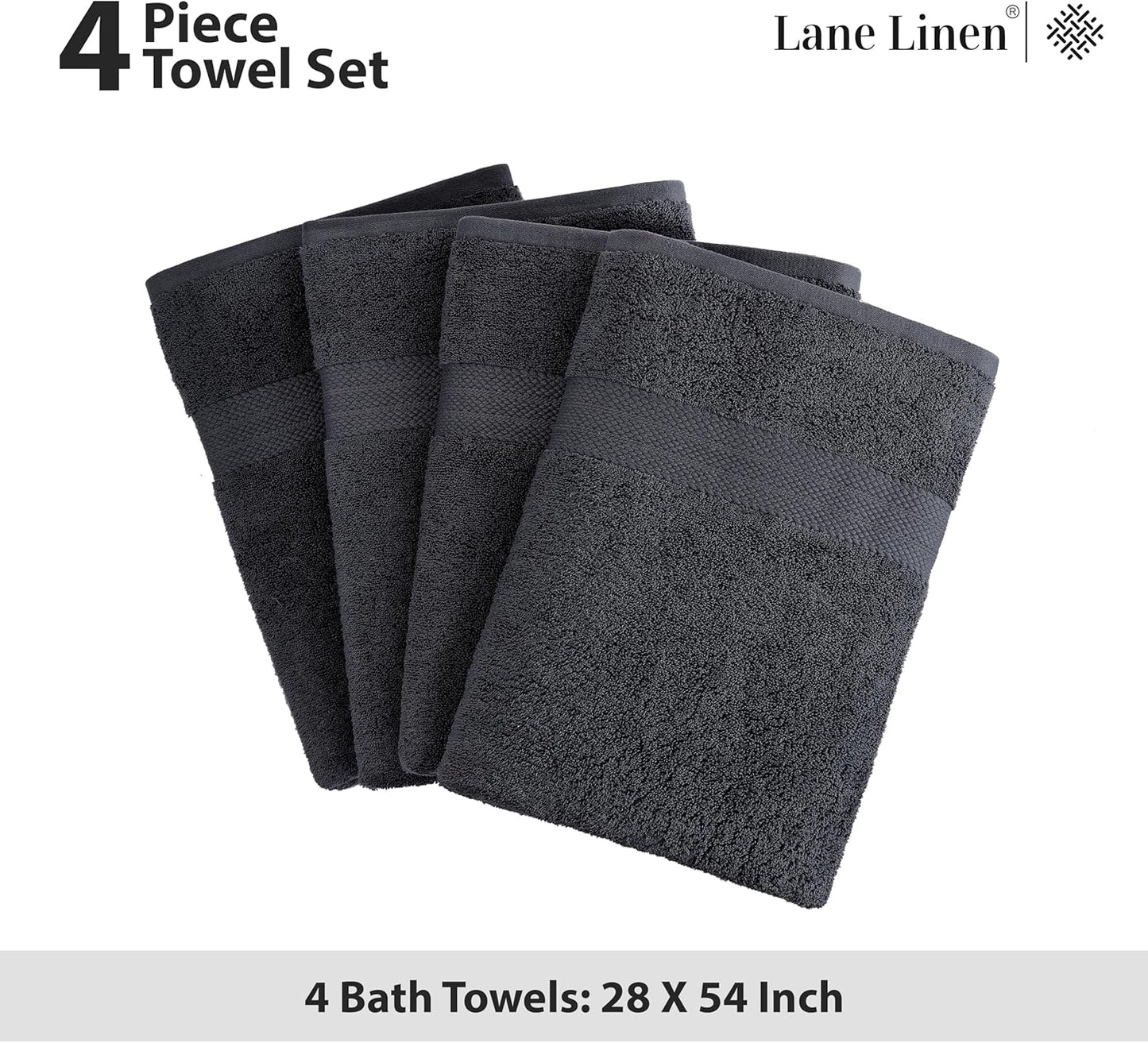 LANE LINEN 100% Cotton Bath Towels 4 Pack (28"x54") - Ring Spun Mercerized Cotton Large Towel Set for Bathroom - Quick Dry, Soft & Absorbent Large Bath Towel Set - Oeko Tex Certified - Black Towels