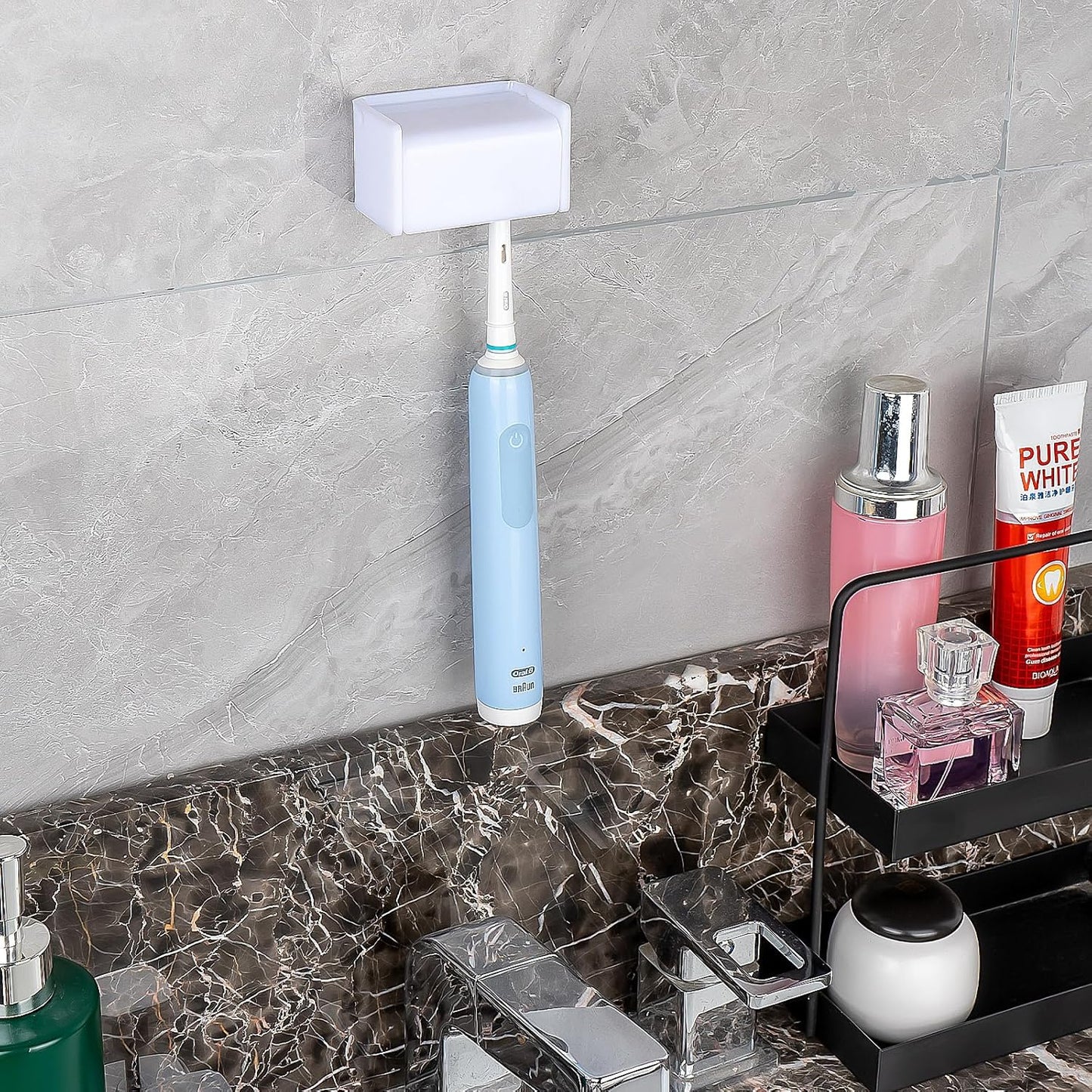 Toothbrush Holder Wall Mounted with Cover for Bathroom, 2 Slots Toothbrush Storage Organizer for Shower, Self Adhesive Toothbrush Hanger Rack for Dorm, Cabinet (White)