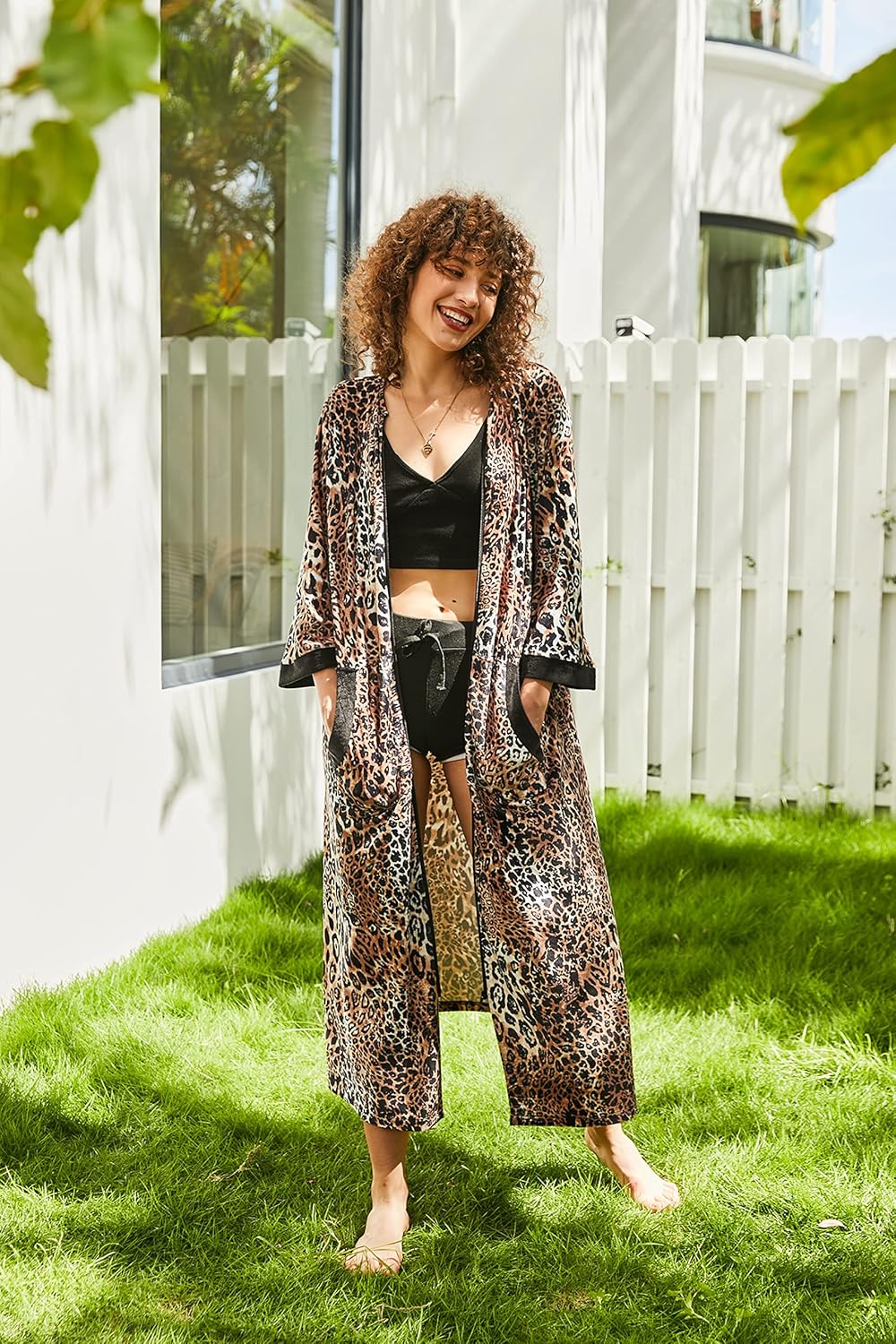 Ekouaer Women Zipper Robe 3/4 Sleeves Loungewear Dress Full Length Sleepwear Pockets Housecoat Nightgown Long Bathrobe