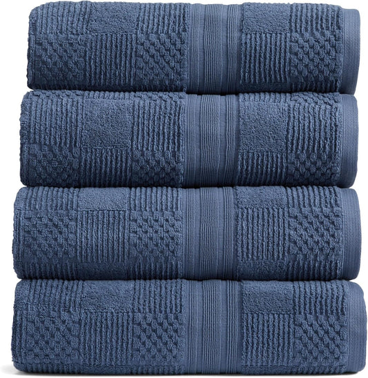 Springtree Home 100% Cotton Bath Towel Set of 4 | Blue Towels | Geometric Textured Design | Absorbent & Quick-Dry | 4 Bath Towels | Oeko-TEX® Standard 100 Cotton | Myla Collection - Indigo