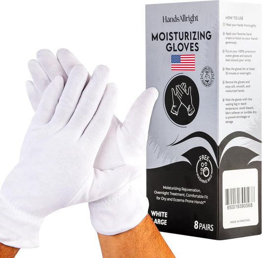 White Cotton Gloves for Dry Hand Sleeping - 8 Pairs of Washable Overnight Moisturizing Gloves with Laundry Bag, Breathable White Gloves for Women & Men